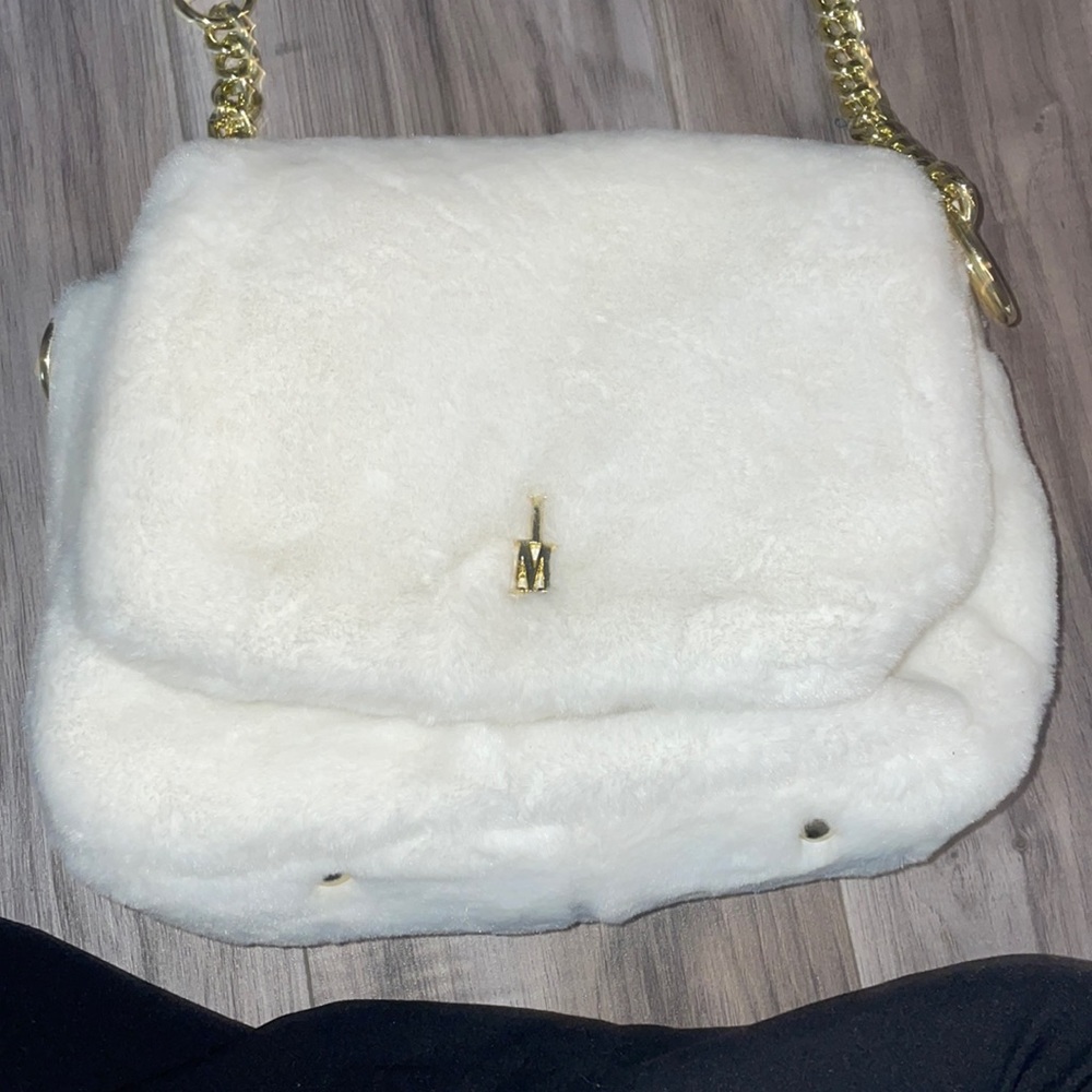 White fake fur purse cross body with gold detailing
